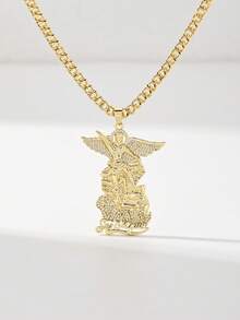 1PC Vintage Women's St. Michael Pendant Necklace, 14K Gold Plated Copper Pendant Inlaid With Zirconia, St. Michael Relief Symbolizing Peace And Protection Paired With Cuban Chain, Suitable For Christmas/Thanksgiving/Halloween/Mother's Day/Valentine's Day/Couples/Friends/Fellow Believers Gift, Catholic First Communion, Gift, Daily And Holiday Wear For Prayer - Yellow Gold - View 2