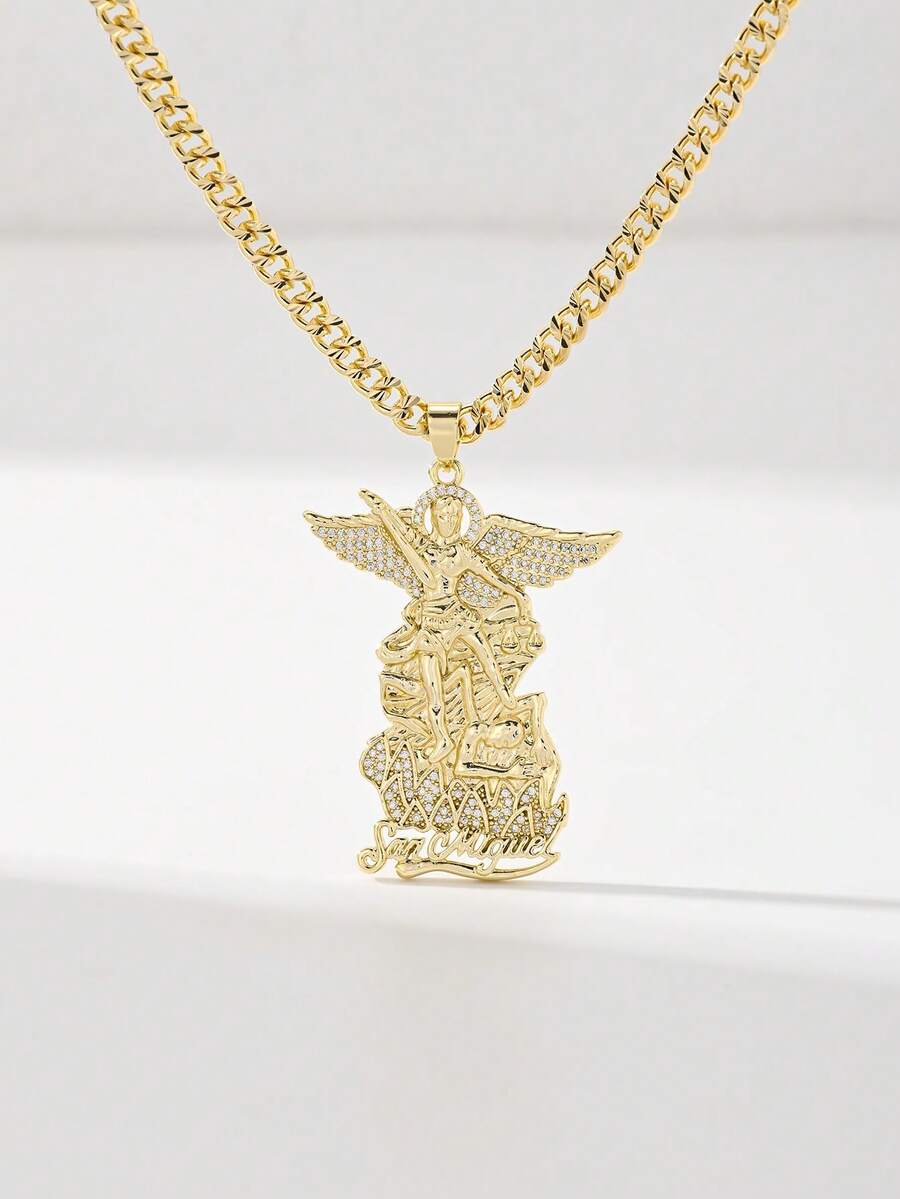 1PC Vintage Women's St. Michael Pendant Necklace, 14K Gold Plated Copper Pendant Inlaid With Zirconia, St. Michael Relief Symbolizing Peace And Protection Paired With Cuban Chain, Suitable For Christmas/Thanksgiving/Halloween/Mother's Day/Valentine's Day/Couples/Friends/Fellow Believers Gift, Catholic First Communion, Gift, Daily And Holiday Wear For Prayer