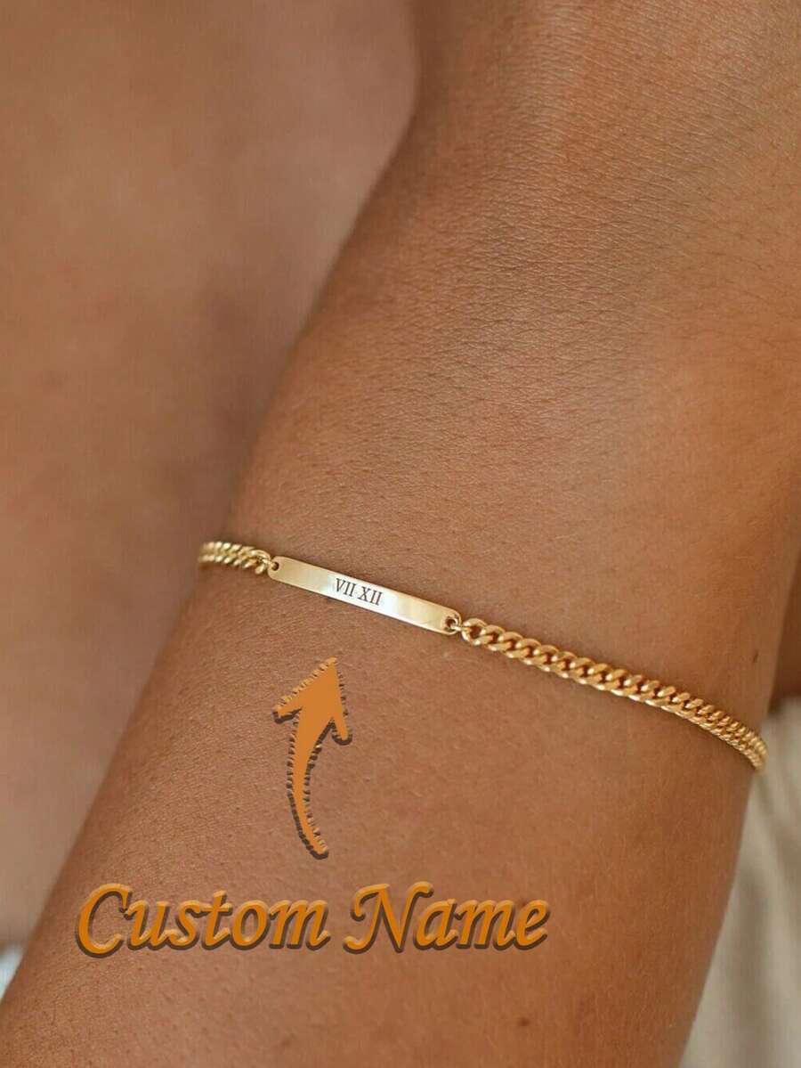 Custom Engraved Mini Bar Bracelet Chain, Dainty Name Layering Adjustable Bracelet Wedding Jewelry Anniversary Valentine's Day Gift For Boyfriend Girlfriend Husband Christmas Birthday Mother's Day,Gold,Vintage, Personalized Gift, Statement - Multicolor - View 1