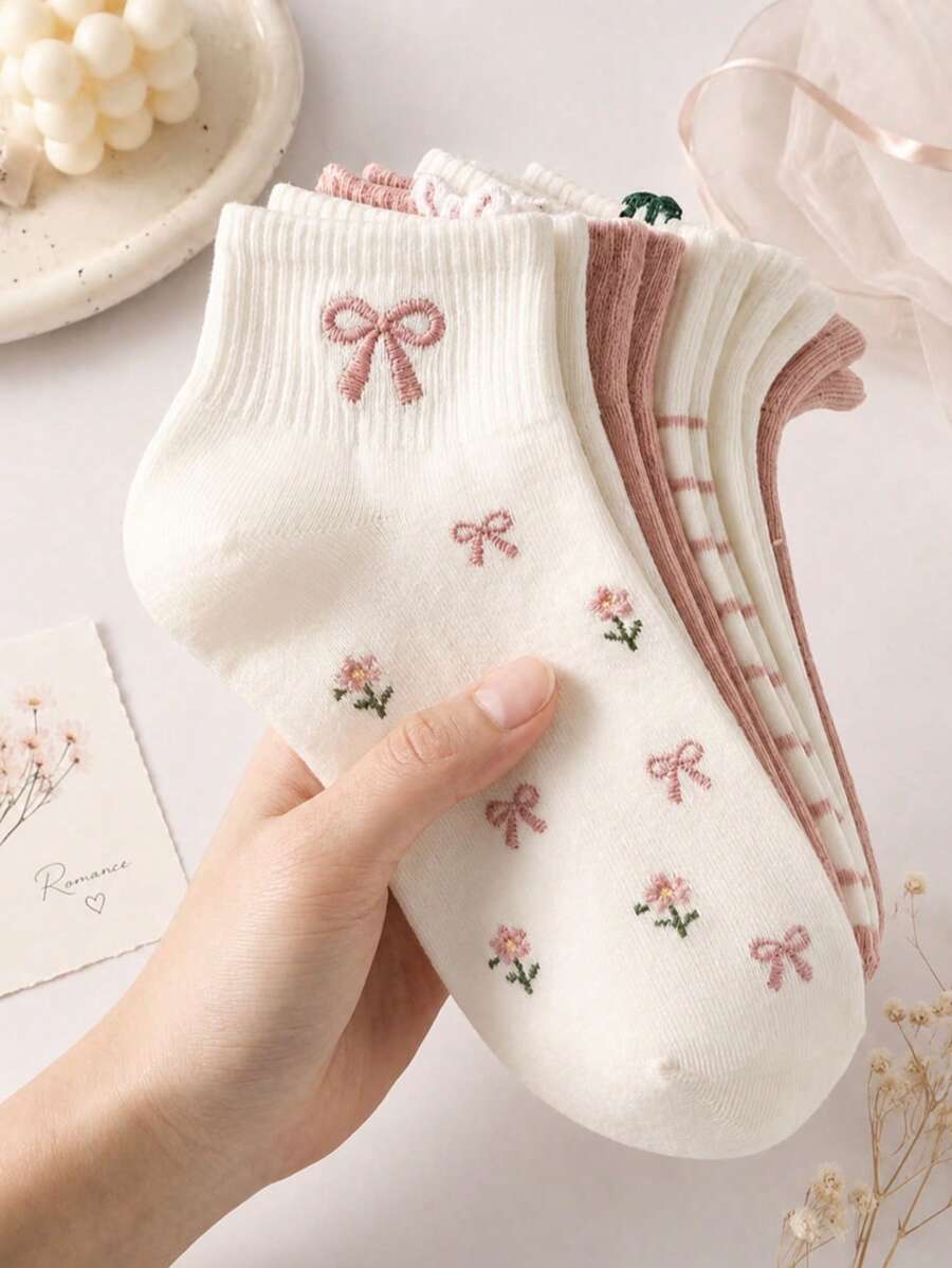 5雙女款可愛蝴蝶結&花卉短襪,INS時尚學院風,舒適柔軟,吸汗透氣,簡約百搭,適合日常、運動、休閒穿著,春夏秋四季皆可搭配 - 彩色 - 查看 1