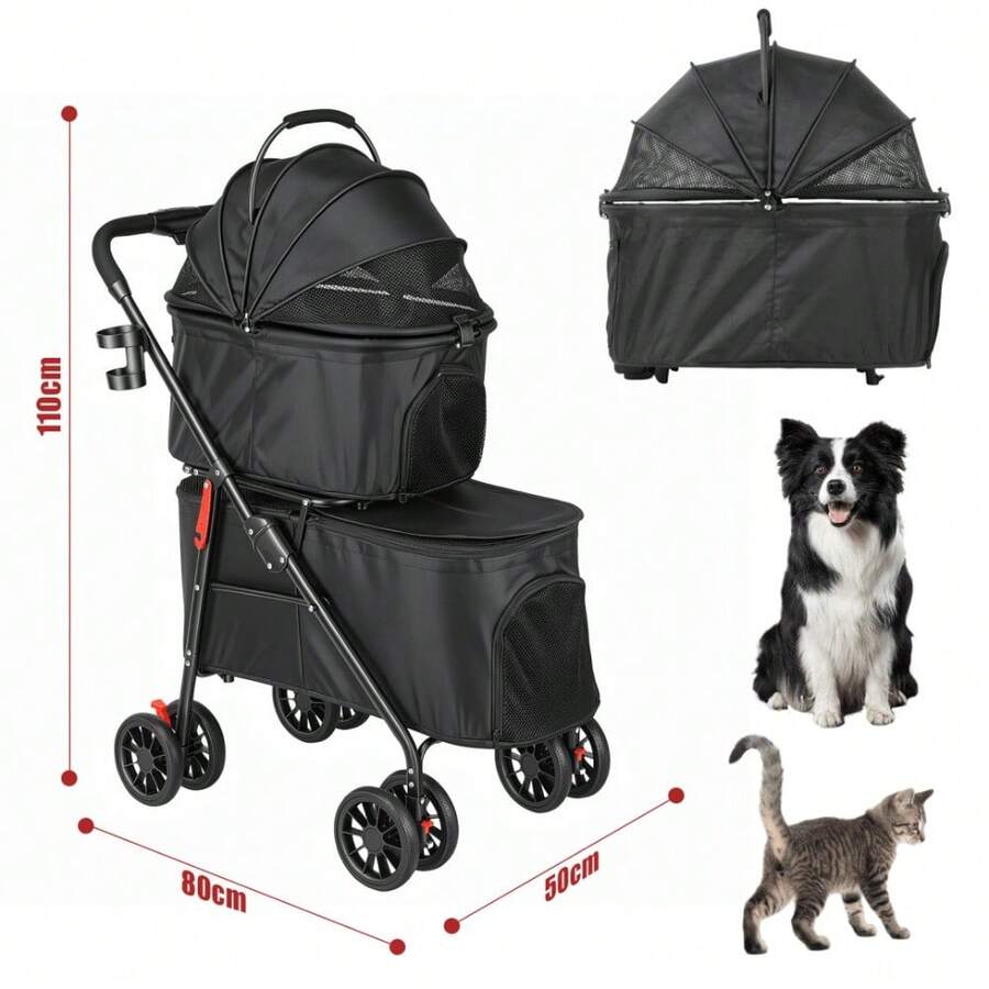 Foldable 2-In-1 Pet Stroller For Cats & Small Dogs – Lightweight 4-Wheel Trolley With Adjustable Canopy, Breathable Mesh Panels, Storage Compartment & Included Carry Bag – Compact Design For Walks, Travel & Outdoor Adventures (Black) - 升級雙層(承重25公斤) - 查看 1