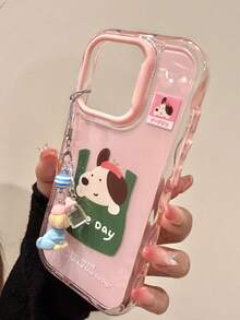 Cloth Bag Puppy Print Phone Case, Wavy Edge Transparent Shockproof Shell, Compatible With IPhone 15/14/13 All Models (Lanyard Not Included) - Pink - View 2