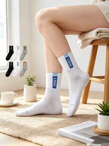 6 Pairs Japanese Minimalist Contrast Color Fabric Label Mid-Calf Socks, Thin Mesh Breathable Cotton Socks, Black White Gray Basic Casual Sports Socks For Men And Women - Multicolor - View 1