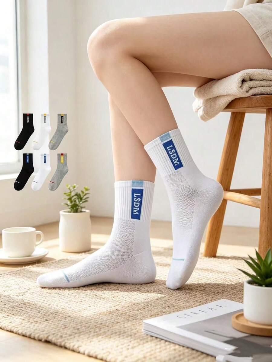 6 Pairs Japanese Minimalist Contrast Color Fabric Label Mid-Calf Socks, Thin Mesh Breathable Cotton Socks, Black White Gray Basic Casual Sports Socks For Men And Women - Multicolor - View 1