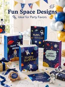 4 piezas Bolsas de regalo de papel con estampado de astronauta y planeta con asas, bolsas de recuerdos de fiesta con tema de galaxia y espacio exterior, bolsas de embalaje de regalo de feliz cumpleaños, adecuadas para dulces y aperitivos, suministros de decoración de fiesta temática - Multicolor - Ver 3