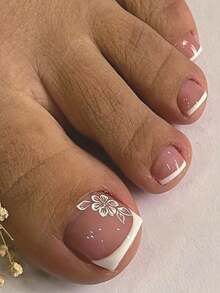 Random Color 24pcs French Style Press-On Toe Nails, 12 Sizes, Full Coverage, Square Short Shape, Floral & Butterfly Pattern, Summer Nail Art Set, Suitable For Festivals, Parties, Dates And Daily Wear - Multicolor - View 6