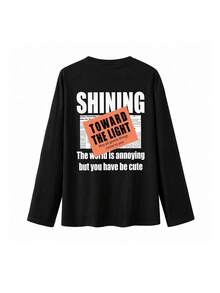Loose Crew Neck Long Sleeve T-Shirt For Women, Minimalist Letter Print, Y2K Base Layer Top, Autumn - Black - View 6