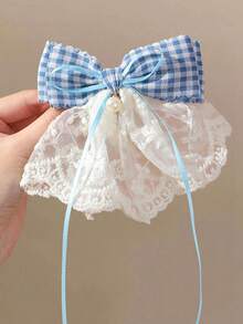 2pcs Girls Blue Fabric Double Layer Lace Plaid Rhinestone Pearl Bow Ribbon Hair Clips Hair Accessories Head Clips Back Clips Side Clips Alligator Hair Clips For Daily Use - Blue - View 2