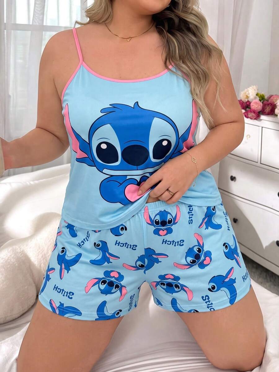 Disney Plus-Size Women's Pajama Set, Stitch Heart Print Top And Shorts, Casual Loungewear. - Multicolor - View 1