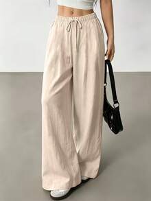 Autumn New Women's Versatile Casual Wide Leg Pants, Solid Color Drawstring Elastic Waist, Loose Fit Long Pants Suitable For Daily Wear And Various Occasions - Apricot - View 1