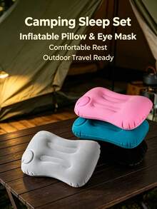 1/2pcs Set Neutral Style 8-Color Inflatable Waterproof Camping Pillow, Neck Support, Machine Washable, Hiking Gear, Foldable Travel Pillow, Includes Eye Mask And Earplugs Set, Summer Travel Vacation Essential, Mother's Day/Father's Day Gift (Random Style) - Multicolor - View 3