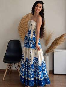 July Tropical Strapless Dress In Various Prints, 2025 Collection - Navy Blue - View 2