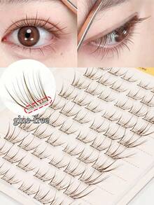 60 Clusters Glue-Free False Eyelashes, Brown Natural Realistic Korean Style, Easy For Beginners To Wear, Lash Clusters, Single Cluster False Eyelashes, Eyelashes, False Eyelashes, Cartoon Style Cos - C - View 1
