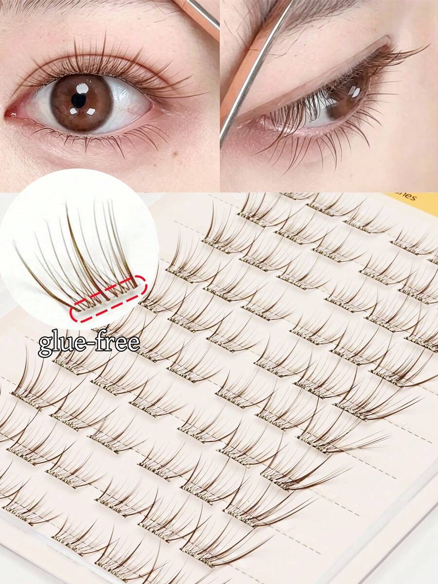 60 Clusters Glue-Free False Eyelashes, Brown Natural Realistic Korean Style, Easy For Beginners To Wear, Lash Clusters, Single Cluster False Eyelashes, Eyelashes, False Eyelashes, Cartoon Style Cos - C - View 1