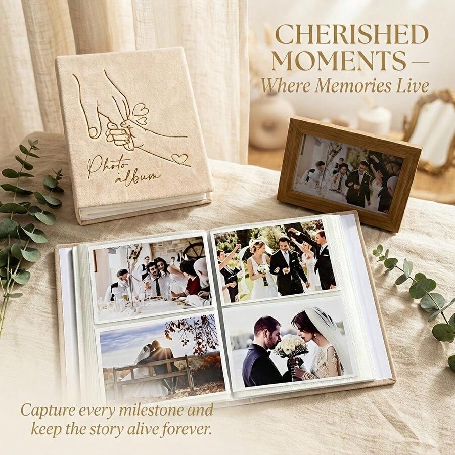 Premium Velvet Photo Album 18x23cm – 200 Slots 4R6" Photo Book, With Elegant Gold Embossing, Suitable For Wedding, Baby Or Travel Memories | 3 Designs Available - Birds - View 1