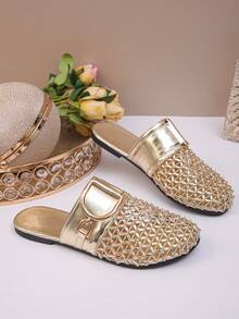 Women Gold Hollow Out Slip-On Flat Slides, Cushioned Low-Heel Plus Size Shoes, Ideal For Outdoor Travel, Casual Dinner & Gatherings - Golden Diamond PU - View 6
