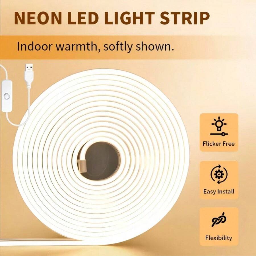 LQHZMYY 1件 低電壓 5V LED 柔性霓虹燈條,附按鈕開關,白色/暖光,1m/2m/3m/4m/5m,適用於直播補光、臥室補光、櫥櫃、浴室鏡子、廚房、餐桌、鏡子、派對及其他驚喜氛圍 - 霓虹燈 - 查看 1