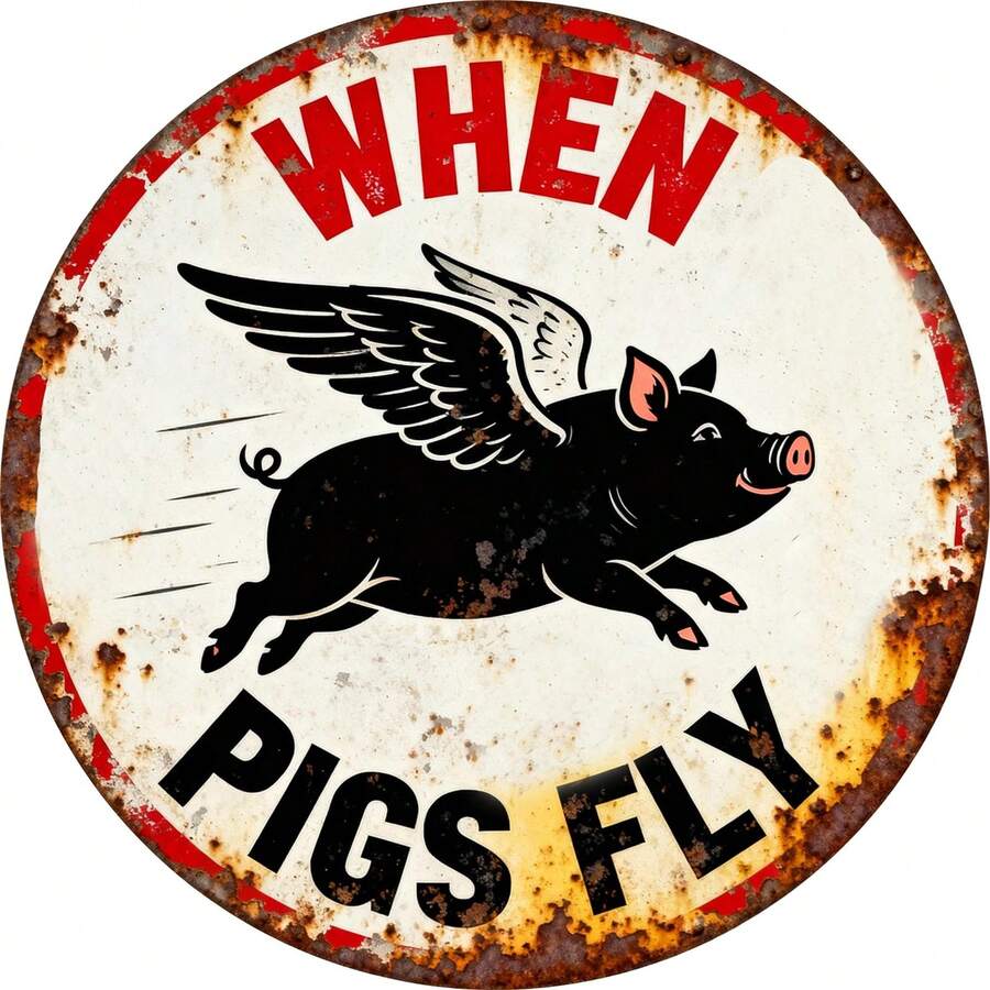 2D平面 1件裝復古飛豬「When Pigs Fly」圖案裝飾牌,美式幽默風格,適合酒吧與車庫牆面裝飾,附預鑽孔(如尺寸圖所示) - 多色 - 查看 1