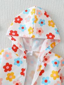 Young Girl Fashion Autumn Floral Print Zipper Elastic Cuff Long Sleeve Jacket, Lively Cute Colorful Flower Vacation Top - White - View 4