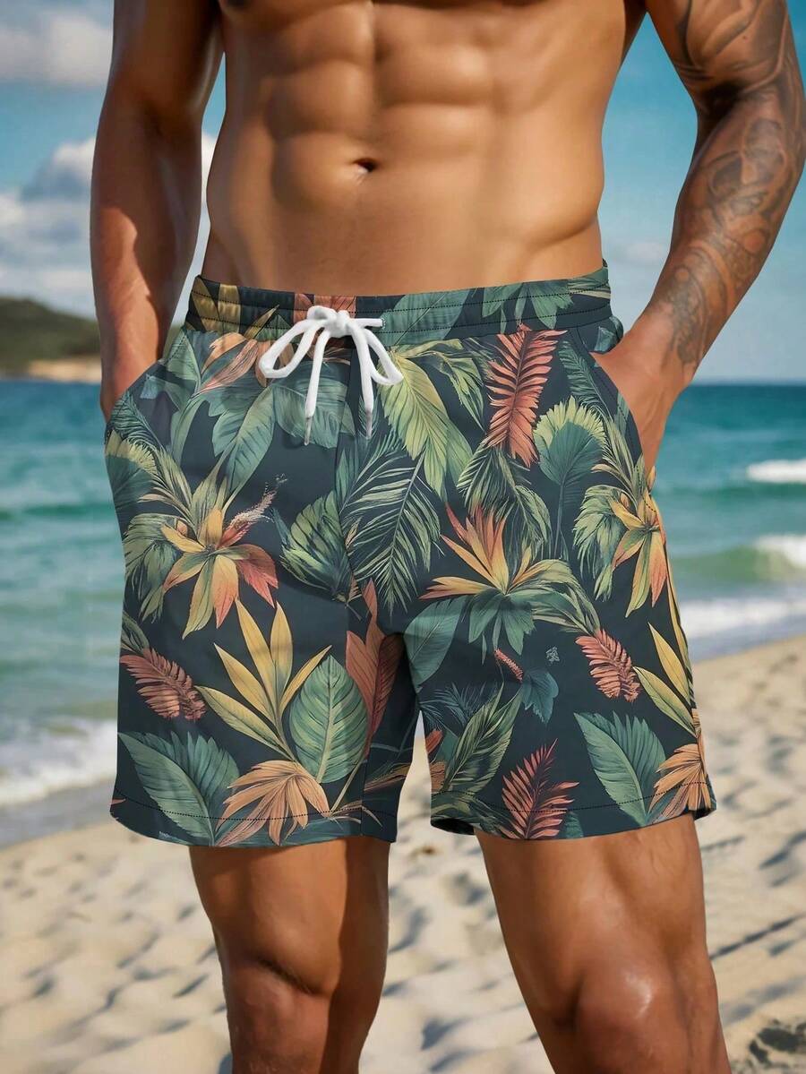 Tropical Palm Leaf Print Drawstring Waist Men's Casual Quick-Dry Beach Shorts Swim Trunks - Multicolor - View 1
