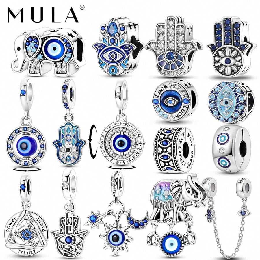 1pc Silver Plated Blue Evil Eye Hamsa Hand Elephant Charm Beads, DIY Bracelet Necklace Keychain Jewelry Making Accessories, Daily Matching Jewelry - Silver - View 1