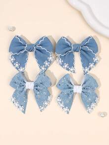 4pcs/2pcs Blue Minimalist Bow Hair Clips, Denim Fabric Floral Print, Glitter Sequin Hair Clips, Hair Accessories Gift For Kids And Teenagers For Kids Daily School Wear - Multicolor - View 9