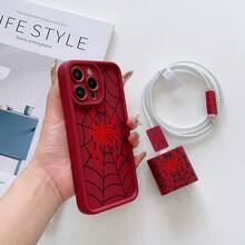 6件組 酒紅色蜘蛛手機殼 + 充電頭保護套 + 線材保護套 + 收納繩 + 數據線保護纏繩 TPU 防震保護殼，適用於 Apple 17 16e 16 15 14 13 12 11 Mini Pro Max Air X XR XSMAX 8 7 Plus，防震磨砂背殼，智慧型手機保護套，日常使用殼，時尚手機配件，創意設計，UV 印刷設計，時尚保護殼，時尚愛好者，音樂愛好者，生日禮物首選 - 彩色 - 查看 4