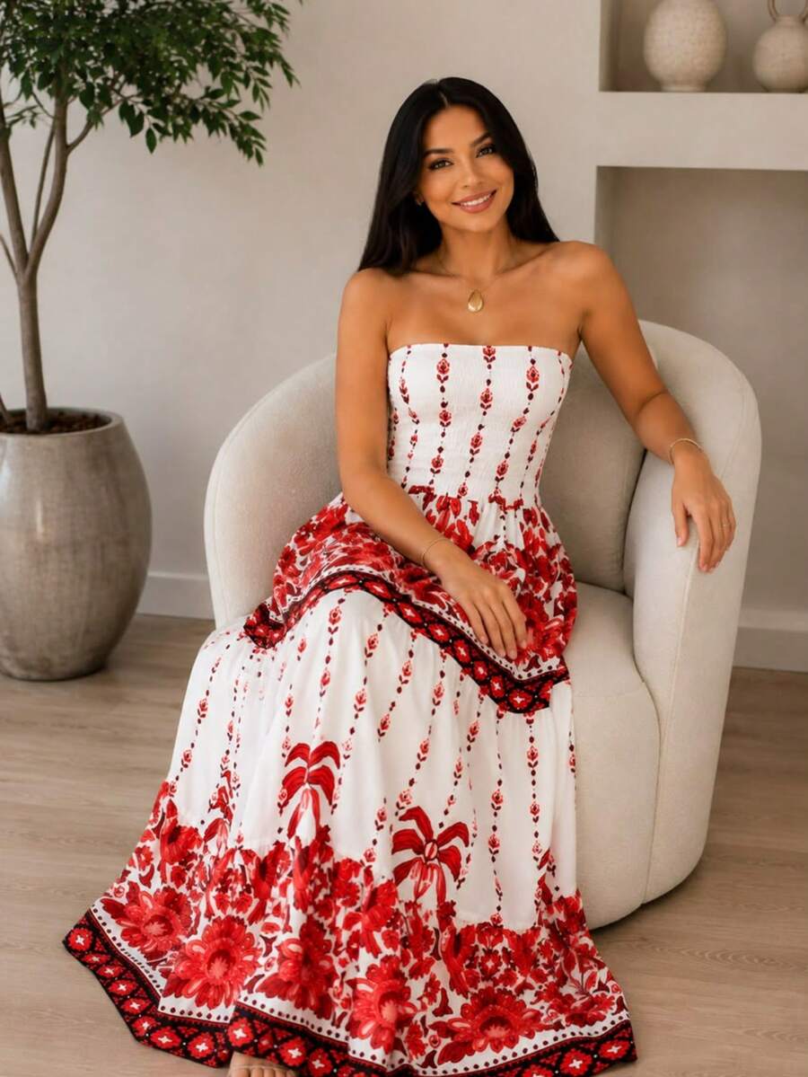 July Strapless Tropical Dress In Various Prints, 2025 Collection - Rojo - View 1
