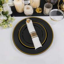175pcs Black And Gold Disposable Dinnerware Set For 25 Guests Includes Plates Cups And Pre Rolled Napkins With Cutlery For Parties And Events - Black Or Gold - View 5