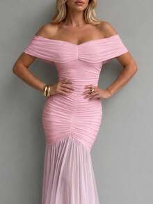 ChicMe Vestido largo con hombros descubiertos y drapeado, vestido de cóctel ajustado sin mangas con silueta de sirena para mujer - Rosa Pálido - Ver 7