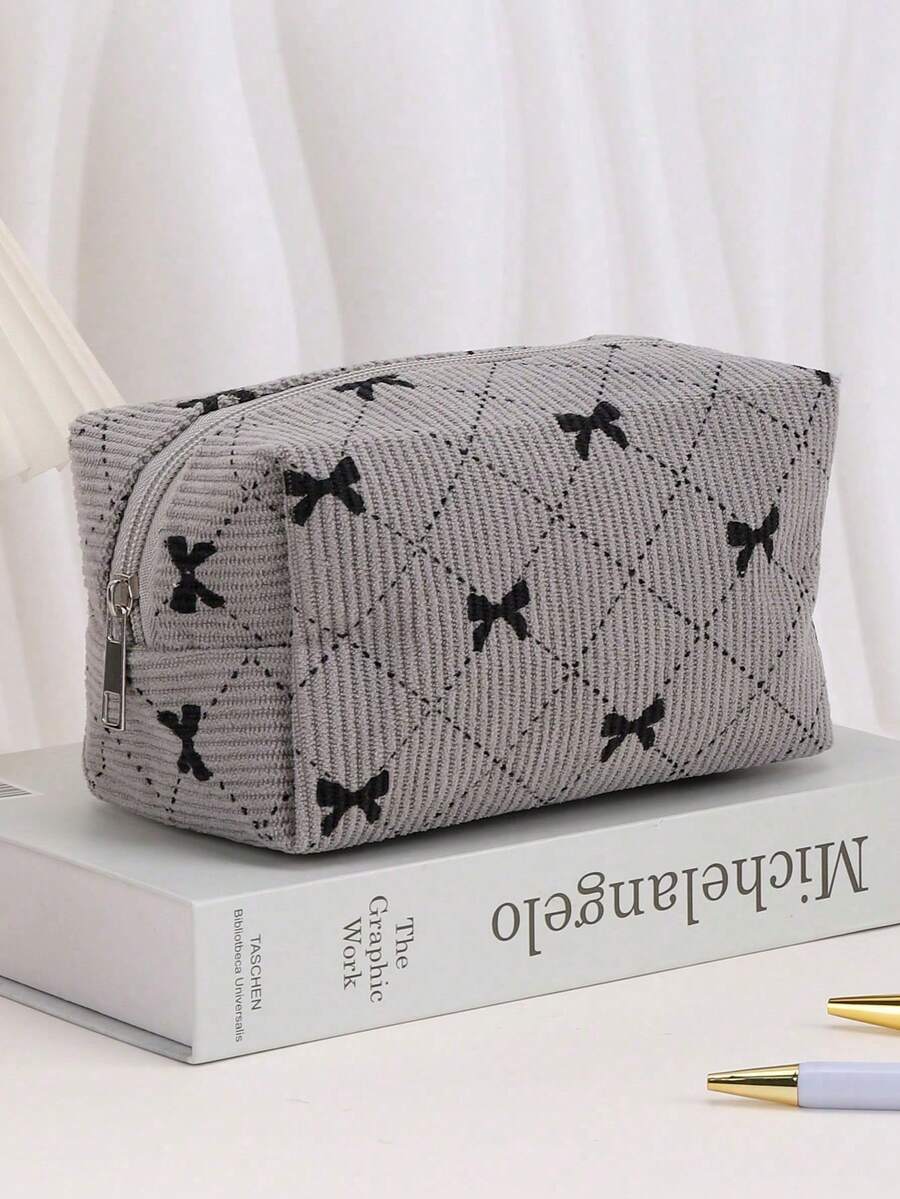 Bowknot Minimalist Large Capacity Corduroy Pencil Case, Multi-Functional Pencil Storage Bag, School And Office Supplies Stationery Organizer, Pencil Pouch, Backpack Accessory, Back To School Gift - Multiple Styles - View 1