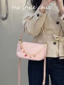 幾何印花腋下包，飾鏈裝飾雙可拆式肩帶女款單肩斜挎包 - 粉色 - 查看 4