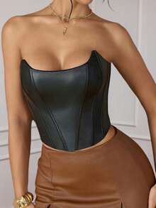 ApperlothPOP Women's Retro Black Corset Square Neck PU Leather Boning Metal Eyelet Backless Fitted Tube Top,Suitable Concerts,Dates,Daily Outings - Black - View 8