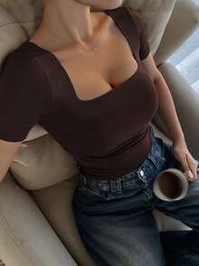 Blusa de manga corta y cuello redondo casual y elegante, adecuada para uso diario, ir al trabajo, salir, primavera/verano - Café integral - Ver 4