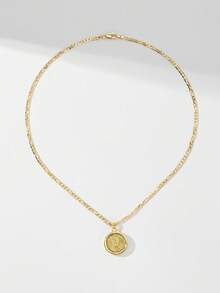 1PC Women's Rotating Round St. Michael The Archangel Pendant Necklace, 14K Gold Plated Copper Material, Rotating Round St. Michael The Archangel Pendant Necklace, Radiating Embossed Sword-Holding Angel Portrait Design Paired With Classic Figaro Chain, Suitable For Christmas/Thanksgiving/Halloween/Mother's Day/Valentine's Day/Couples/Friends/Fellow Believers Gift, Catholic First Communion, Gift, Daily And Holiday Wear For Prayer - Yellow Gold - View 7