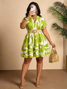 BIUBIU Women's Plus Size Notched Neck Short Sleeve Knee Length Dress,Tropical Outfits Plus Size Elegant Summer - Green - View 4
