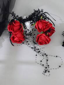 1pc Gothic Red Rose Handheld Flower Hoop Bouquet Elegant Black Bead Tassel Spider Floral Ring For Bridal Cosplay Party - Black and Red - View 1