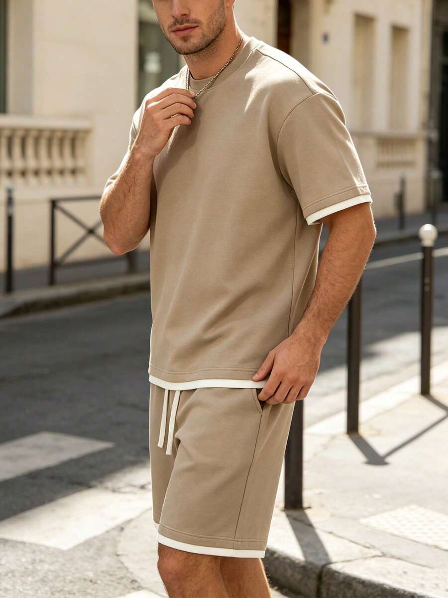 Men's Summer Contrast Color Round Neck Drop Shoulder Loose Casual T-Shirt And Drawstring Waist Shorts Set