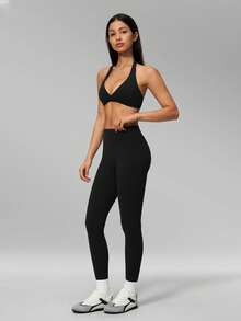 MFVIM 2pcs Set Neck-Hanging Backless Sports Bra & High-Waist Slimming Micro-Compression Peach Butt Cropped Yoga Pants For Women - Premium Black - View 9