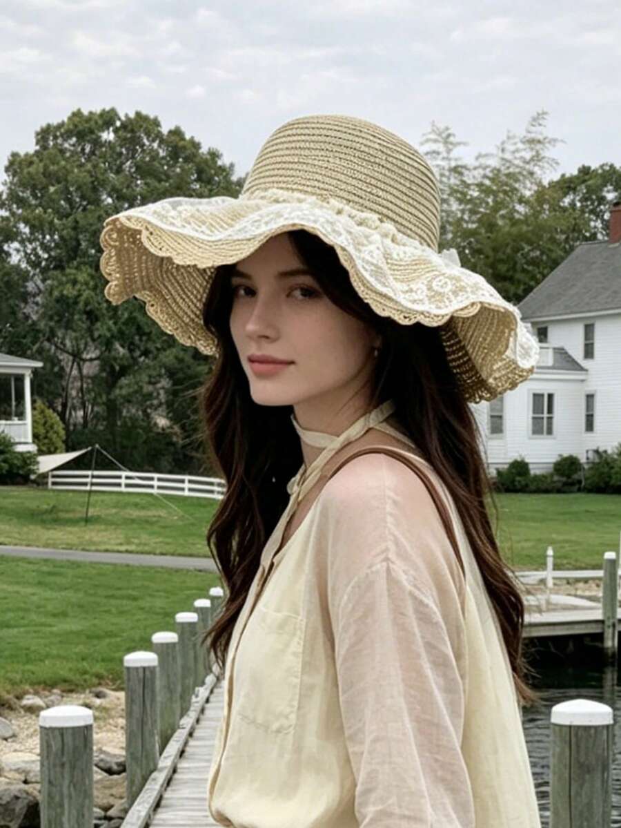 1 pezzo Cappello di paglia da donna estivo nuovo dolce carino elegante in pizzo bohémien per protezione solare all'aperto, best-seller estivo con ampia tesa pieghevole che snellisce il viso, elegante di alta qualità, comodo e casual, adatto per uscite, raduni, shopping, viaggi, vacanze e altre occasioni - Multicolore - Visualizzare 1