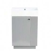 55 Cm Freestanding Bathroom Vanity With Ribbed Wood-Look Finish, High-Quality Ceramic Sink, Removable Toilet Paper Holder, And Thoughtful Storage – Without Faucet, Grey - 灰色 - 查看 8
