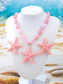 3件組海洋風粉色壓克力珠飾海星耳環與項鍊套組，適合女性日常配戴、夏季海灘度假、派對 - 粉色 - 查看 3