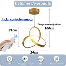 Luminária Pendente Led Lustre Sala Design moderno Estilo Nórdico 3 Cores de Luz Com controle remotoBivolt Altura ajustável Econômica LED Integrado Para Sala Quarto Cozinha Corredor Varanda - Dourado - Visão 2