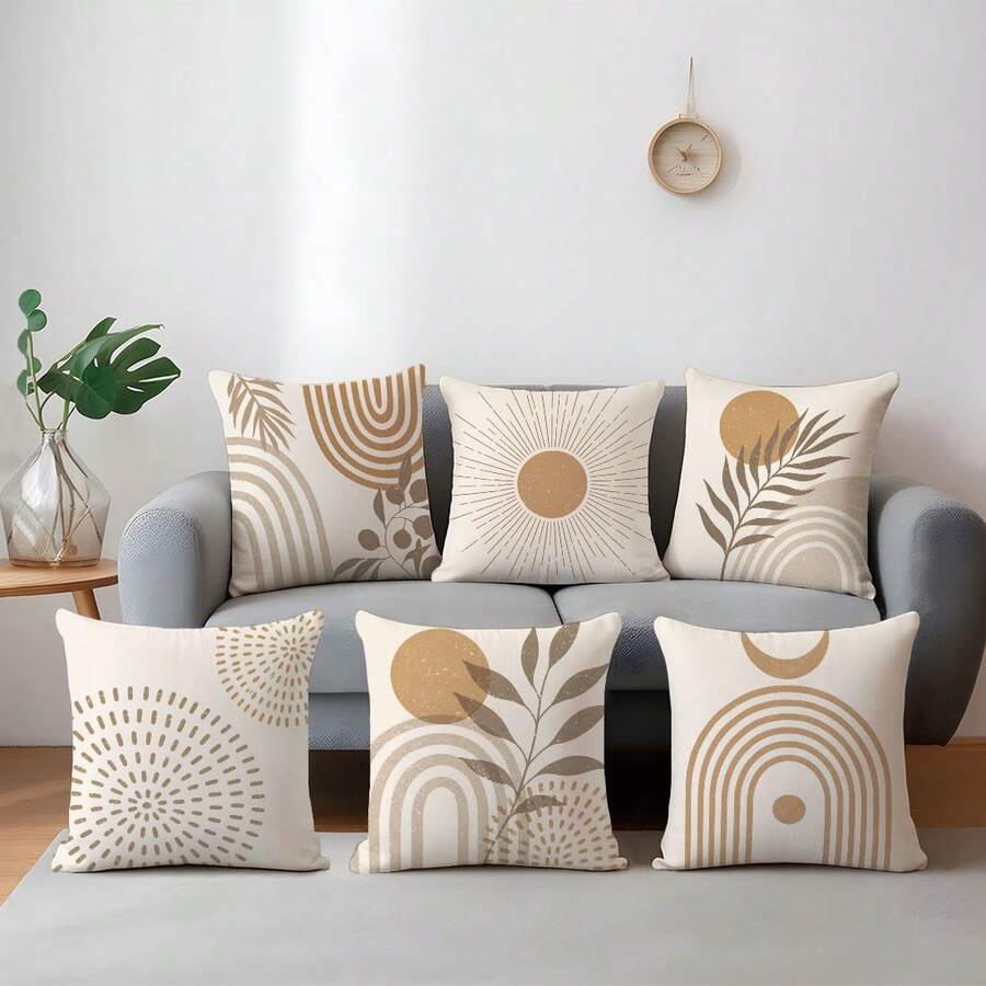 6pcs Minimalist Daily Abstract Coffee-Colored Leaf Geometric Pattern Cushion Covers, Single-Sided Printed Peach Skin Velvet Material, 45*45/50*50/40*40CM Pillow Covers Suitable For Modern Minimalist Sofa Living Room Decoration, Gift Giving, Party Decoration - Multicolor-6PC - View 1