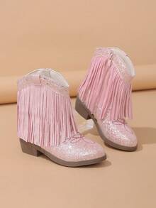 NILOSH Girls' Shiny Pink Tassel Embroidered Western Boots, Side Zipper, Round Toe Low Chunky Heel - Pink - View 3