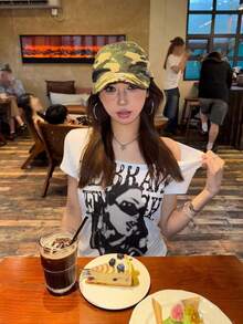 性感美国女孩图案印花宽松不对称领短袖T恤，修身休闲女式上衣 白色夏季 - 白色 - 查看 1