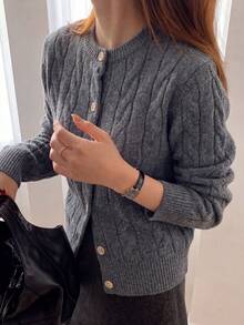 Women's Autumn/Winter Casual Minimalist Cable Knit Cardigan Sweater Jacket - Grey - View 2
