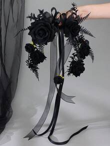 1pc Gothic Black Rose Handheld Hoop Bouquet Elegant Ribbon Bow Spider Floral Ring For Bridesmaid Bridal Wedding Cosplay Photo Props - Black - View 2