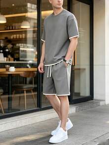 男士夏季拼色圆领短袖休闲 T 恤和抽绳腰短裤套装，舒适服装 - 灰色 - 查看 4