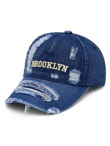 1件中性款做舊水洗牛仔棒球帽，BROOKLYN字母刺繡復古磨損破洞卡車帽，可調節街頭風Y2K遮陽帽 - BROOKLYN牛仔破洞 - 查看 9